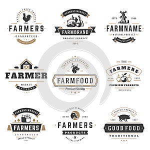 Farmers market logos templates vector objects set. Logotypes or badges design.