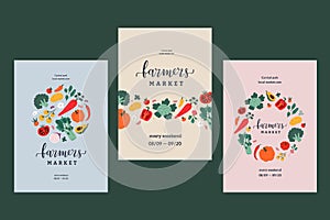 Farmers market poster collection, illustrated pre-made designs, vector banner templates with lettering for local food