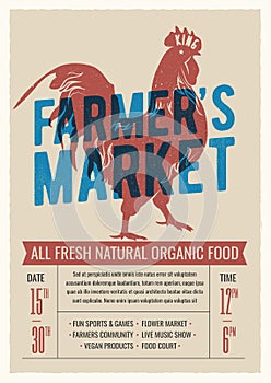 Farmers market poster flyer design with red rooster silhouette. Vintage styled vector illustration