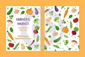 Farmers market poster and pattern designs with different organic and fresh local vegetables and herbs. Food festival flyer templat