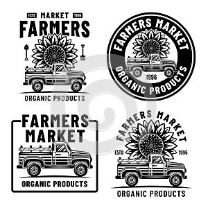 Farmers market set of vector emblems, badges, labels with pickup car and sunflower in black style isolated on white