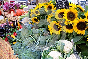 Farmers market stall provence France vegetables sunflow