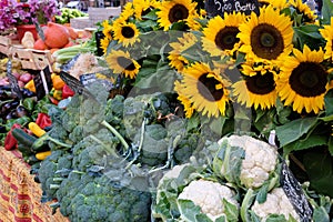 Farmers market stall with vegetables and sunflowers.