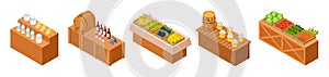 Farmers market stalls. Isometric traditional meal, vegetables and fruit. Vector wooden counters with fresh goods photo