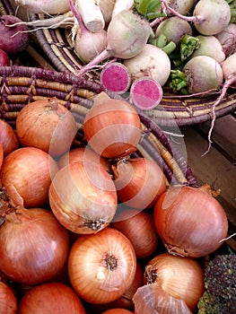 Farmers Market vegetables: onions and turnips