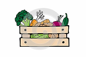 Farmers market vegetables in wooden box. Hand drawn Flat Cartoon illustration. Healthy food Vector doodle sketch