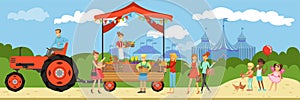 Farmers market, woman standing behind counter with fresh homemade farm products at sunny summer day, horizontal vector