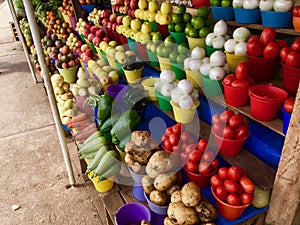 Beautifully stacked vegetables and fruit at the farmers market in Mexico