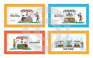 Farmers Sell Ecological Healthy Organic Food Landing Page Template Set. Purchaser Characters Buying Fresh Fruits