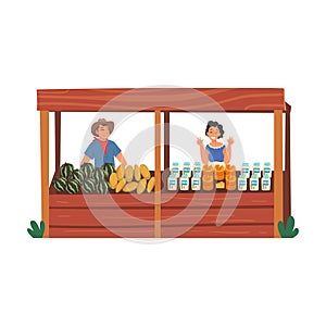 Farmers Selling Fresh Fruits and Dairy Products on Wooden Stall at Marketplace Vector Illustration