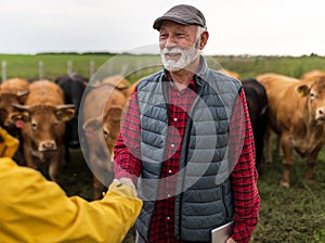 Farmers shaking hands on cow ranch