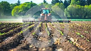 Farmers on tractors planting crops with seeders in freshly plowed fields, creating rows of new crops
