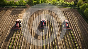 Farmers on tractors planting crops with seeders in freshly plowed soil creating rows of vegetation photo