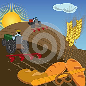 Farmers on tractors plowing the land