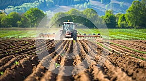 Farmers using tractors and seeders to plant crops in freshly plowed field, creating neat rows photo