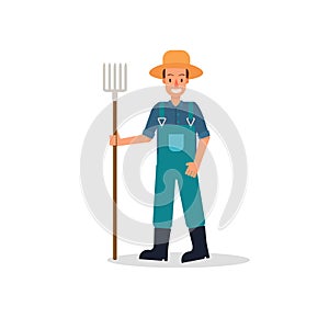 Farmers vector flat design isolated on white background. Cartoon characters of man farming hold hay fork