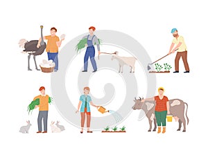 Farmers working on farm set. Agricultural workers caring of farm animals, watering plants, milking cow cartoon vector