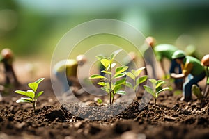 farmers working together to plant crops close up, eco friendly background, nature earth day