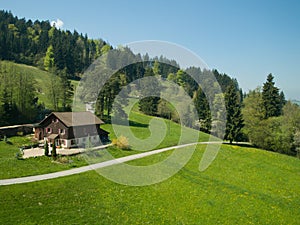 Farmhouse in alpine meadow photo