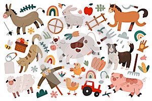 Farmhouse animals collection, farm animals, smiling horse, cute sheep, funny piggy and dancing cow, adorable cartoon