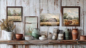 farmhouse art display, farmhouse artprints on a rustic shelf, each telling a unique story of rural life and tradition photo