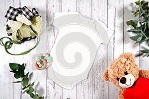 Farmhouse baby craft product mockup with farmhouse style decor flatlay.