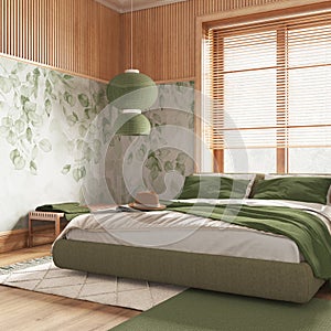 Farmhouse bedroom with wallpaper and wooden walls in green and beige tones. Parquet floor, master bed, carpets and decors.