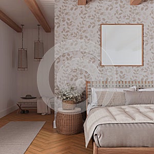Farmhouse bedroom in white and beige tones with frame mockup. Wooden furniture, parquet and wallpaper. Boho interior design