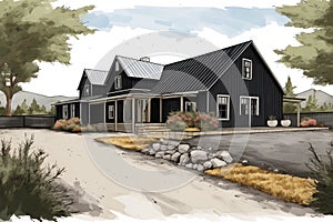 a farmhouse with a black, gabled front entry and a gravel driveway, magazine style illustration