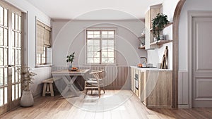 Farmhouse bleached wooden kitchen with dining room in white and beige tones. Cabinets and table with chair. Parquet floor. Japandi