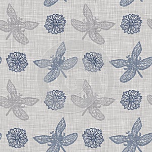 Farmhouse blue butterfly seamless pattern. Rustic French wildlife for ecological beautiful all over wallpaper. Repeat