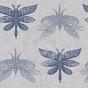 Farmhouse blue butterfly seamless pattern. Rustic French wildlife for ecological beautiful all over wallpaper. Repeat