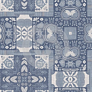 Farmhouse blue intricate damask seamless pattern. Tonal french country cottage style background. Simple rustic fabric