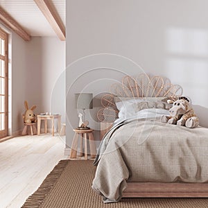 Farmhouse children bedroom in bleached wood and beige tones. Single bed with wall mockup. Parquet floor and wallpaper. Boho