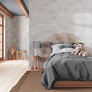 Farmhouse children bedroom in gray and beige tones. Single bed with wall mockup. Parquet floor and wallpaper. Boho interior design