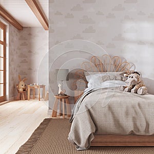 Farmhouse children bedroom in white and beige tones. Single bed with wall mockup. Parquet floor and wallpaper. Boho interior