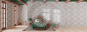 Farmhouse children bedroom in white and green tones. Single bed, panoramic view, wall mockup with wallpaper. Japandi interior