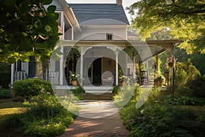 farmhouse with covered porch and rocking chairs, surrounded by lush greenery