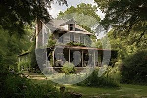 farmhouse with covered porch and rocking chairs, surrounded by lush greenery