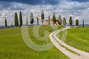 Farmhouse with cypress trees, near Pienza, Orcia Valley Val dOrcia, Siena region, Tuscany, Italy