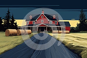 farmhouse with dark gabled entry, long driveway, and red rolls of hay in front, magazine style illustration