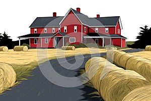 farmhouse with dark gabled entry, long driveway, and red rolls of hay in front, magazine style illustration
