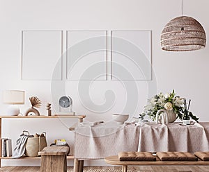 Farmhouse dining room design, wooden table and chairs on white wall background