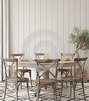 Farmhouse dining room interior background, wall mockup