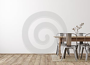 Farmhouse dining room interior, wall mockup photo