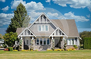 Rural Farmhouse Front Exterior Mansion Maison House Cumulus Sky Background photo