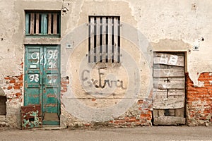 Farmhouse farm ancient house decay seniority doors windows bricks panorama landscape vision Italy Italian