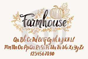 Farmhouse font. Typography alphabet with rustic illustrations. Handwritten script for and crafty design.
