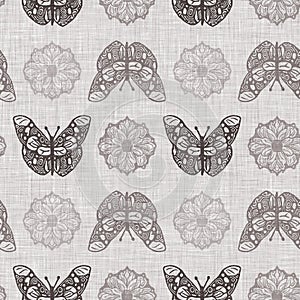 Farmhouse grey butterfly seamless pattern. Rustic French wildlife for ecological beautiful all over wallpaper. Repeat