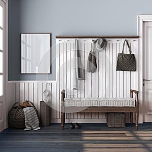 Farmhouse hallway in white and dark tones with frame mockup. Wooden bench and coat rack. Glass entrance door, vintage interior